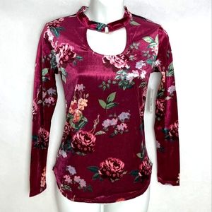 No Boundaries Burgundy Floral Long Sleeve Top Size XS NWT